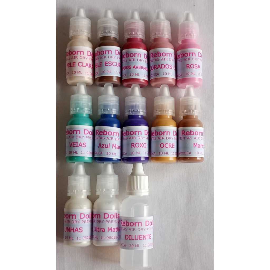 Kit de Tintas Air Dry Premium Bebê Reborn com 11 Cores Concentradas + Verniz 10ml, e diluente de 10ml brinde.