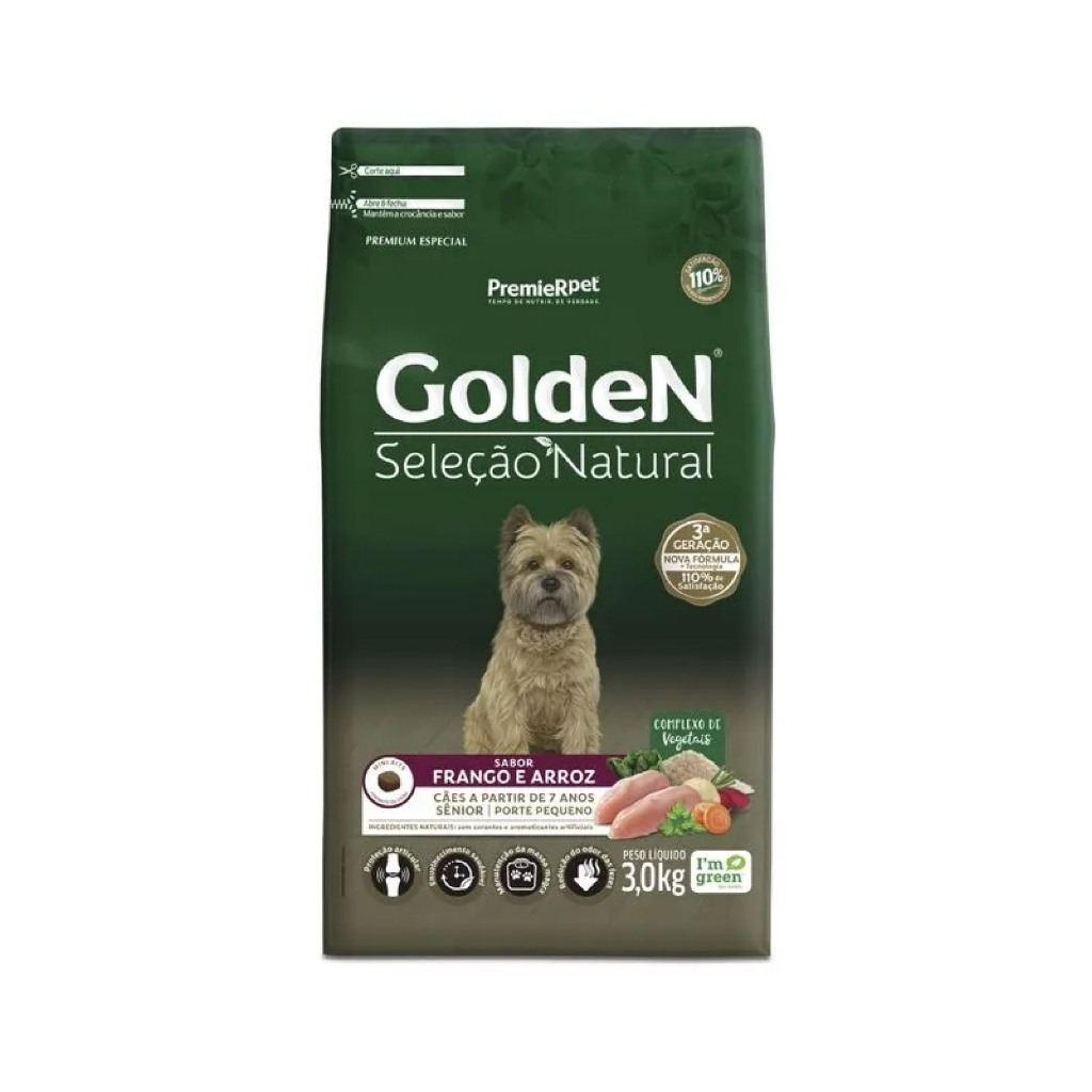 Ração Golden Seleção Natural Cães Sênior Porte Pequeno Sabor Frango e Arroz 3kg