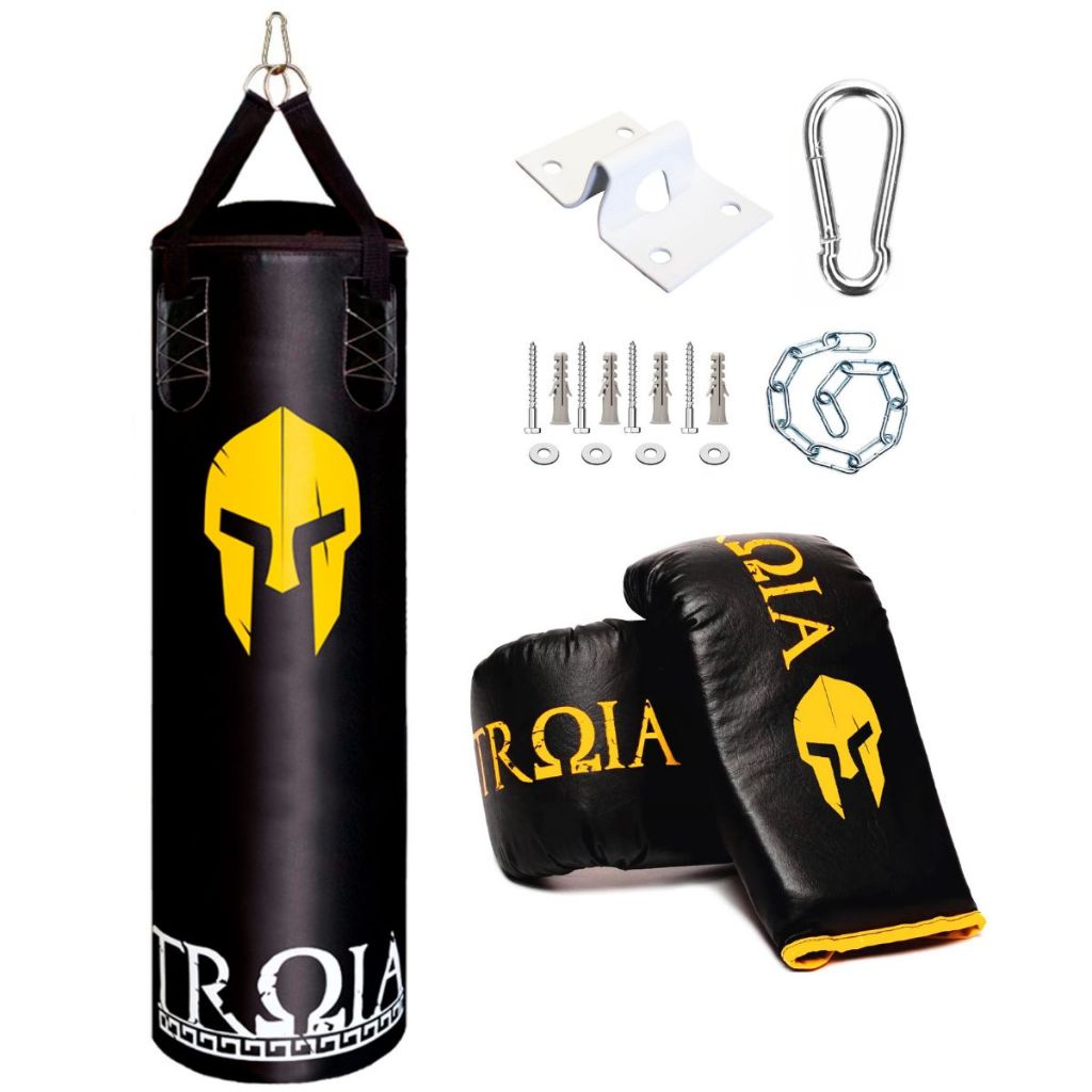 SACO DE BOXE 120cm TROIA SPORT + LUVA BATE SACO ADULTO TREINO ACADEMIA + SUPORTE