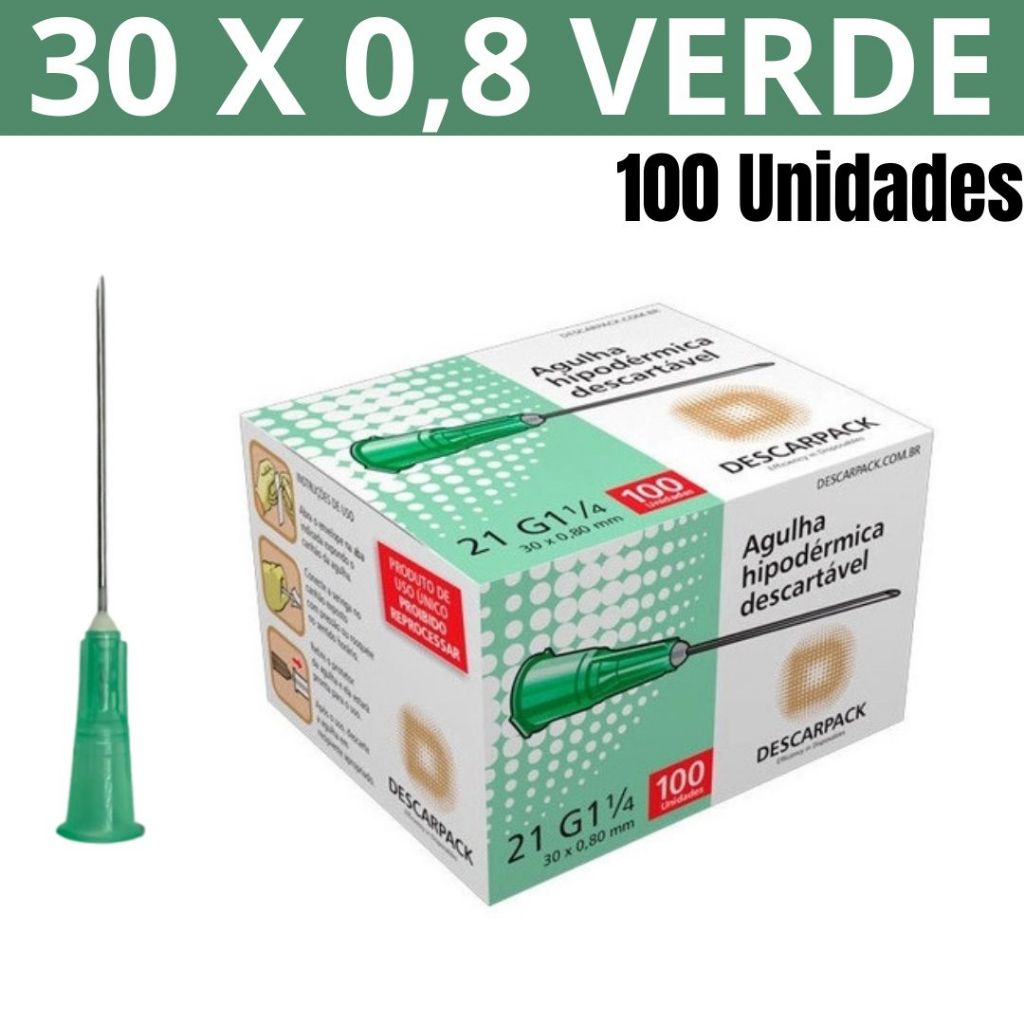 Agulha Hipodérmica Verde 30 X 0.8mm Descartável Descarpack 25 A 100 Unidades