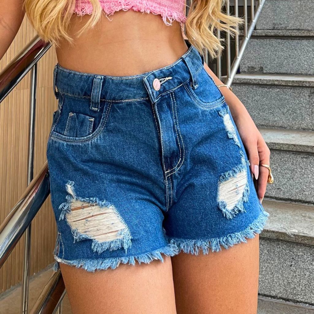 Short Jeans Feminino BARRA DESFIADA Cintura Alta 100% Algodão Destroied Sem Lycra Claro Blogueira