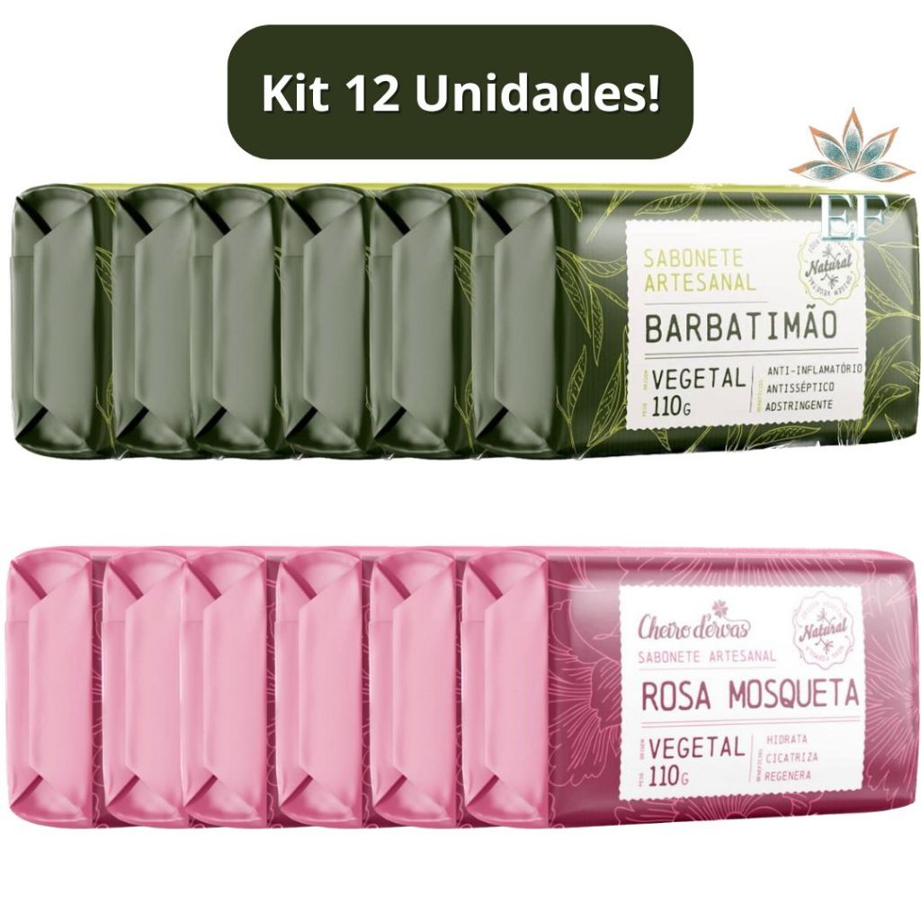 Kit 12 Unidades: 6 Sabonete BARBATIMÃO em Barra 110g + 6 Sabonete Rosa Mosqueta 110g Cheiro D Ervas