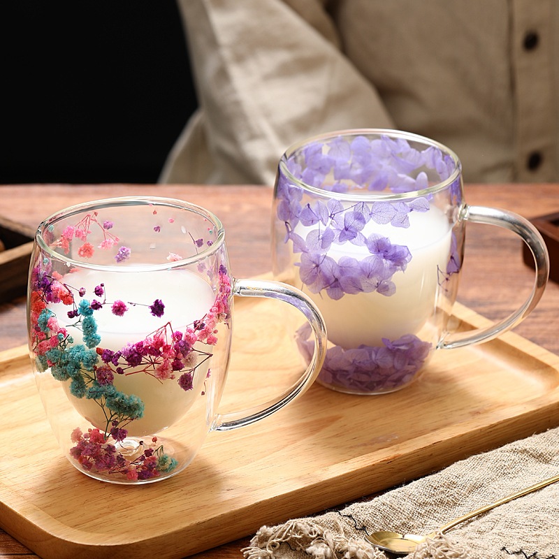 Detalhes do Xícara De Vidro De Parede Dupla Com Flor Seca Caneca