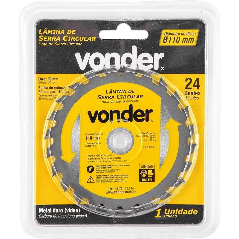 Lâmina De Serra Circular Diâmetro Do Disco 110mm 24 Dentes Metal Duro Vonder