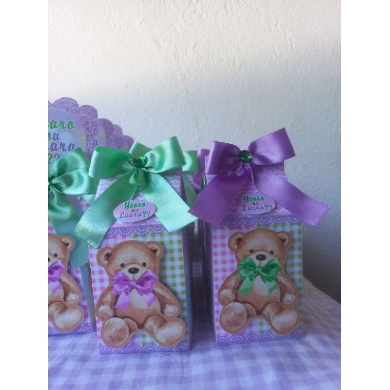 kit festa chá revelação ursinho lilás e verde/caixa personalizada pra chá revelação