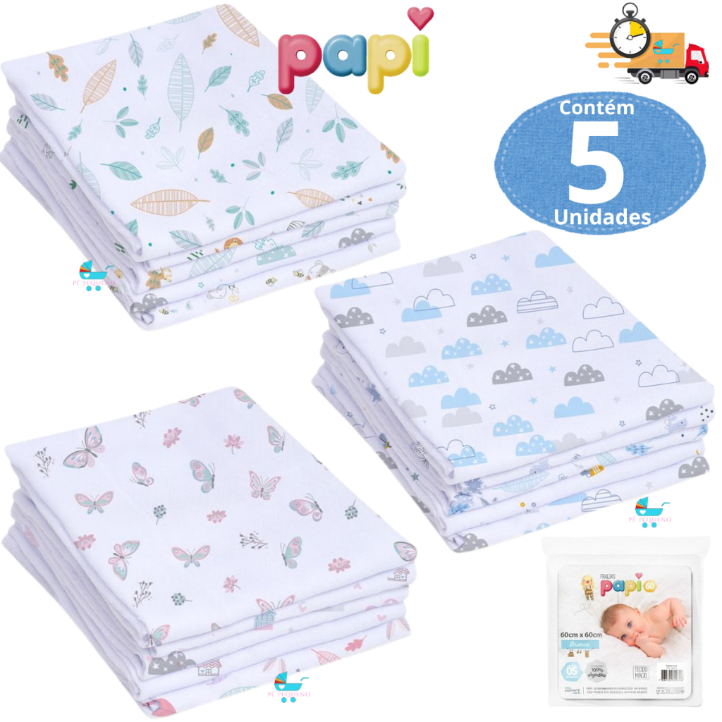 Fraldas de pano kit com 10 unidades 60x60cm 100% algodão Papi Bebê Babete Toalinha Paninho Estampado