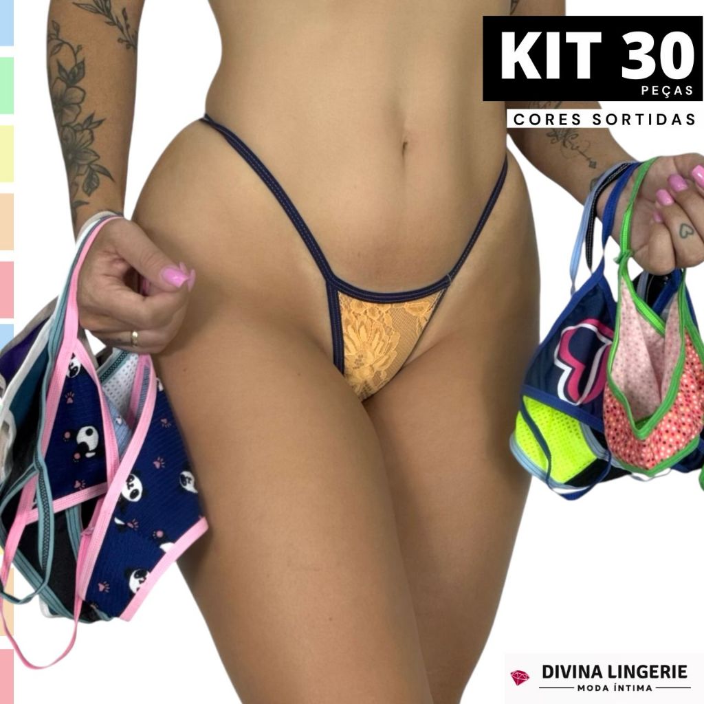 Kit 30 Calcinhas Fio Dental Sensual Adulto Lingerie Tirinha Alto Conforto Qualidade Cores Variadas