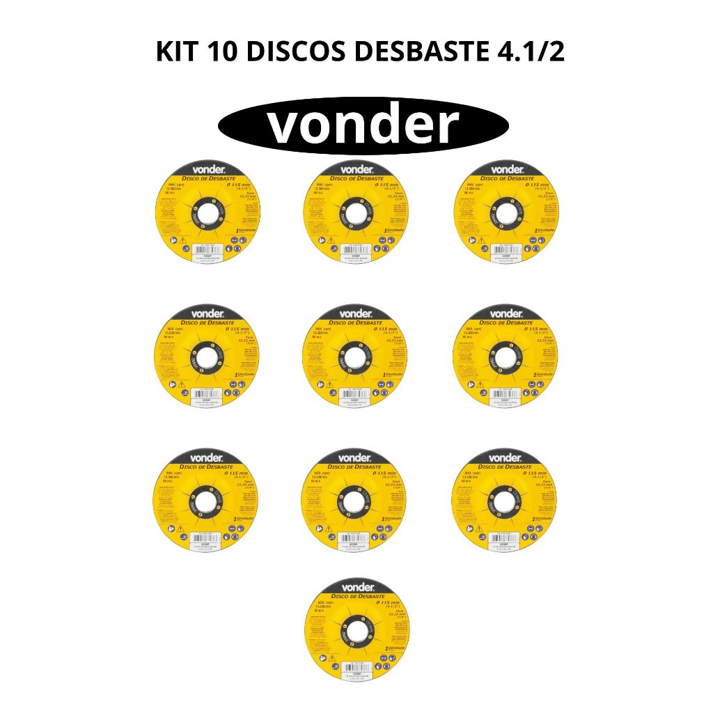 10 Disco De Desbaste 115mm X5,0mm X 22,23mm Dbv Vonder, Kit 10 unidades disco desbaste Vonder 4.1/2