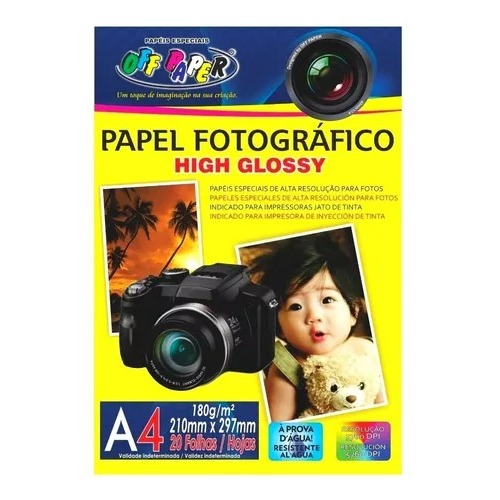Papel Fotográfico Brilhante High Glossy 180g A4 C/ 20 Folhas