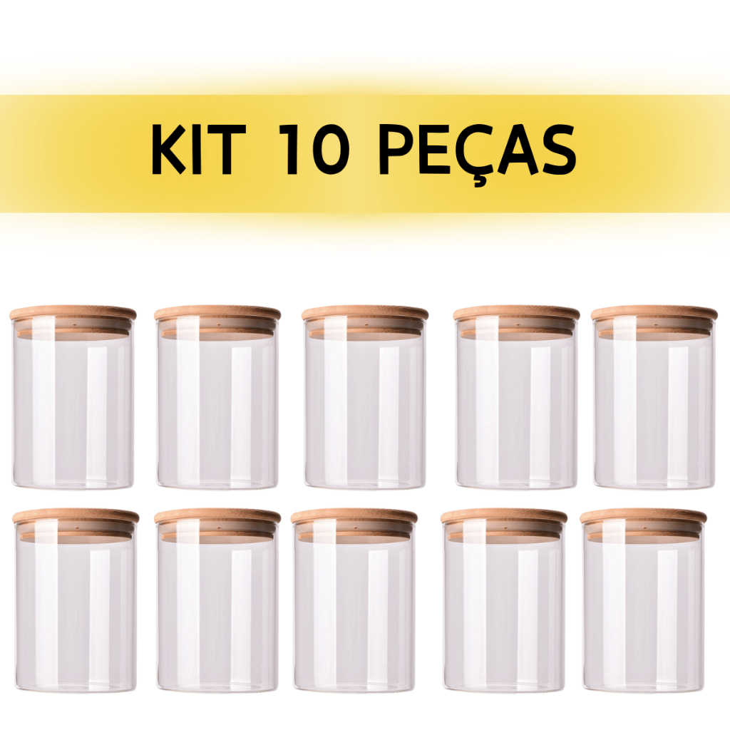 Kit 5/10 Peças Mini Pote De Vidro Redondo Tampa Bambu Hermético Condimento 200ml/300ml/350ml