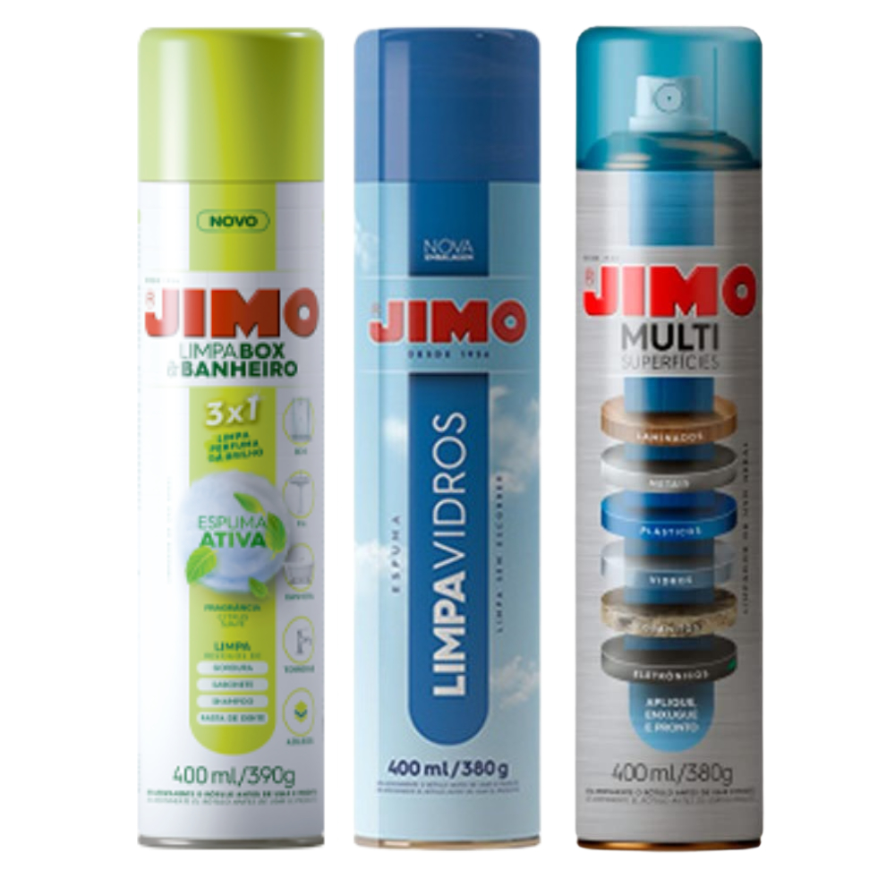 Kit Jimo Limpa Vidro + Jimo Limpa Box + Jimo Multisuperfícies 400ml