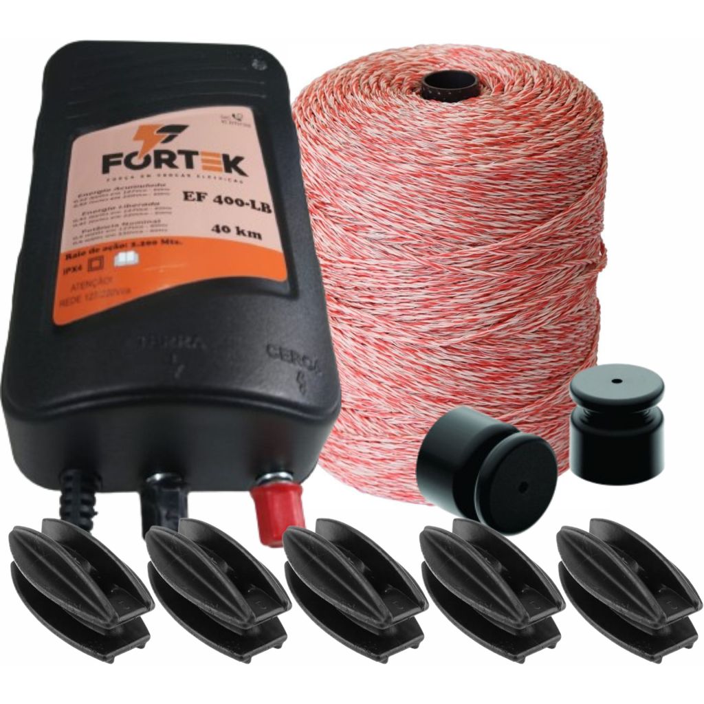 Eletrificador Rural e PET + 500m Fio Eletroplástico VM/BR + 50 Roldana MAX 36 P + 10 Castanha oval P