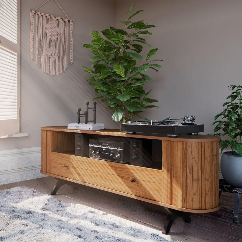 Rack Sala Tv Curvo 180 Cm Nicho E Gaveta Em Mdf Freijó Com Preto Fosco Dalla Costa Tb300jpf em Oferta na Shopee