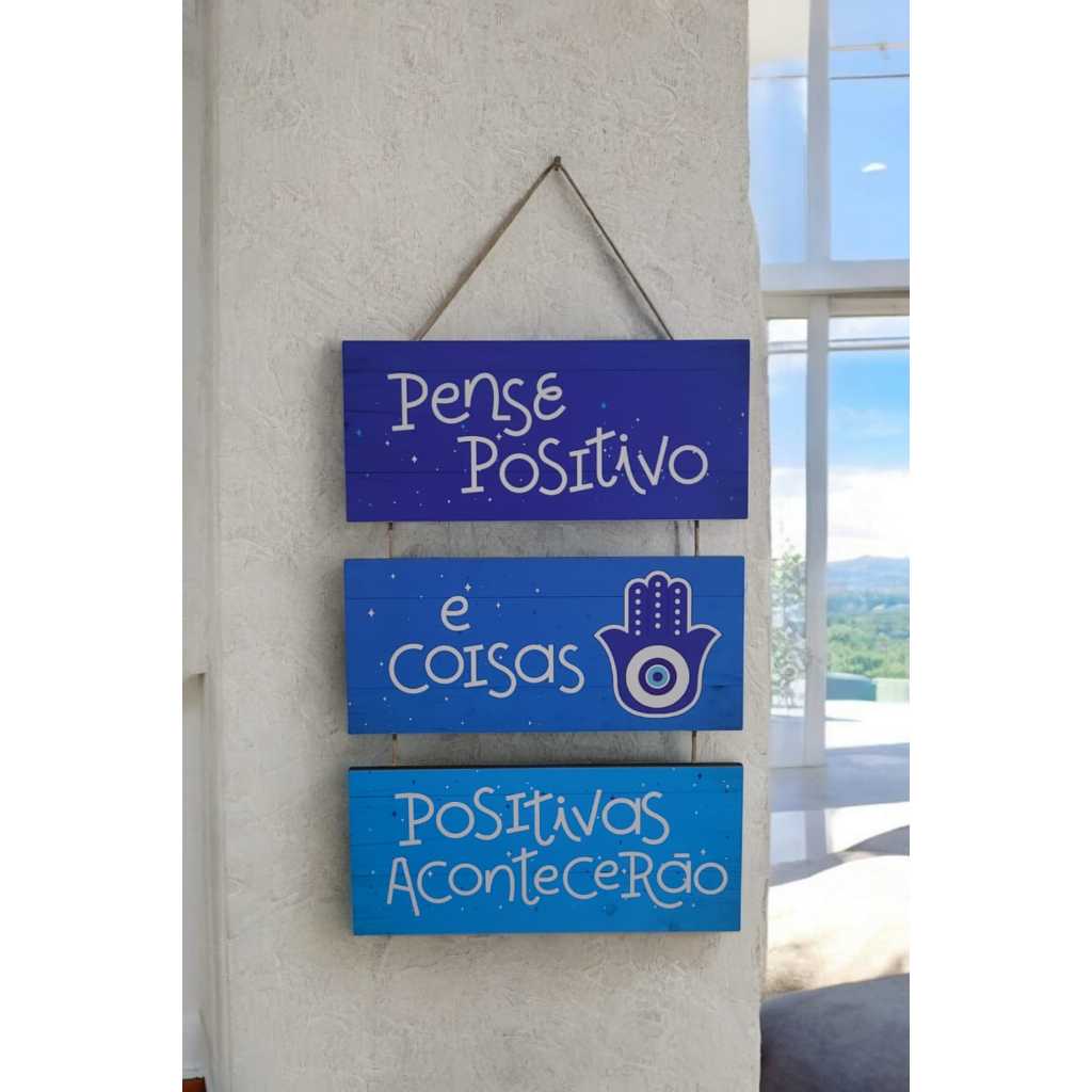 Placa Decorativa Pense Positivo Coisas Boas Acontecerão - Good Vibes Mão De Hamsa Olho Grego Místico