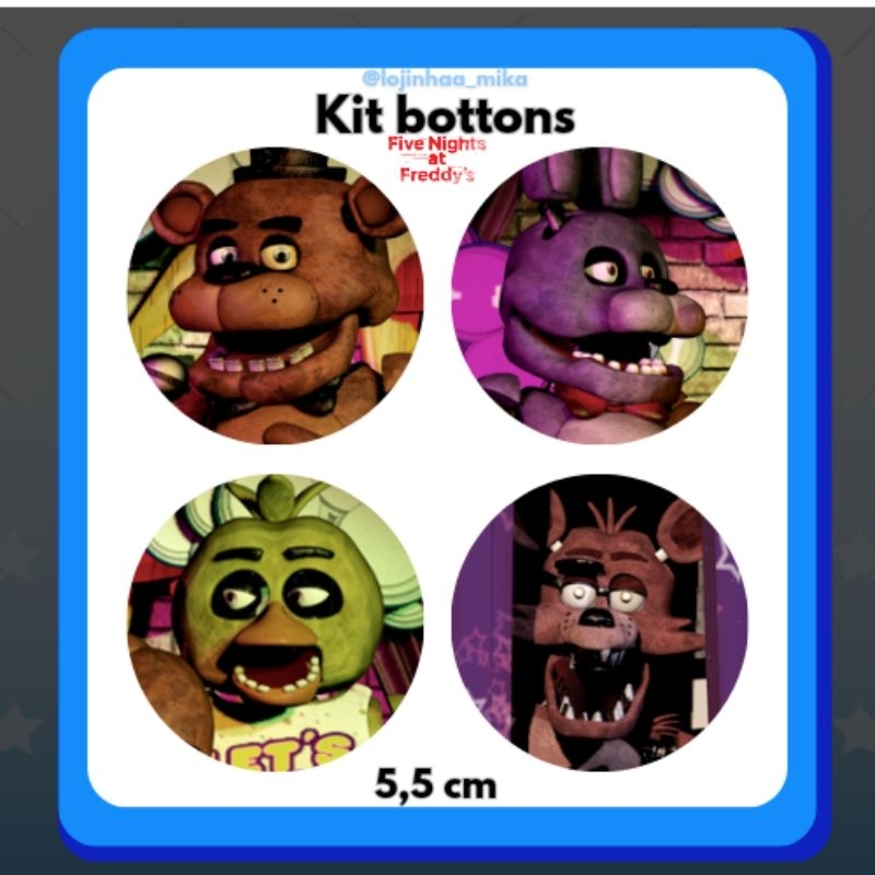 Kit com 4 Bottons De 5,5 CM FNAF Five Nights at freddys Bonnie chica Foxy