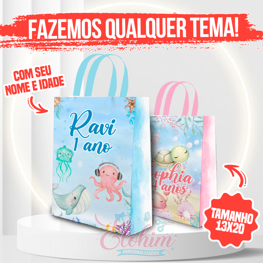 Sacolinha personalizada de papel para festa PEGUE E MONTE (TODOS OS TEMA) - Fundo do Mar