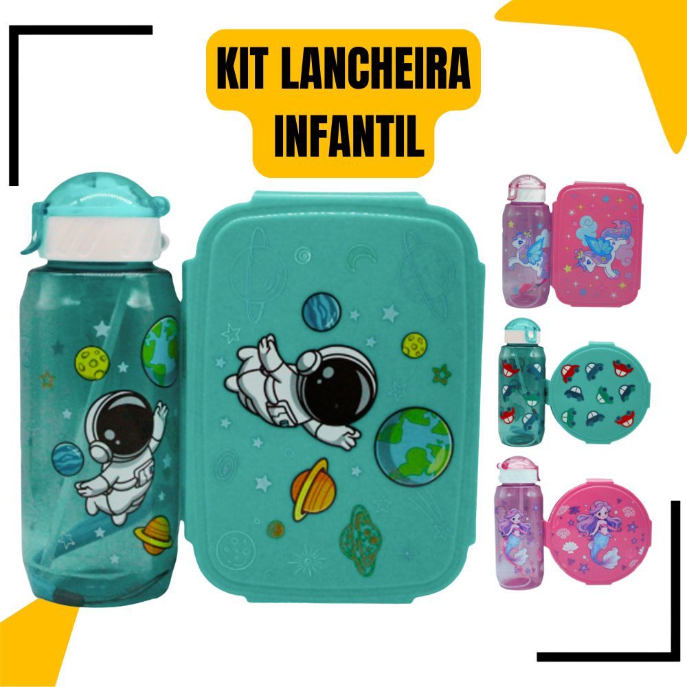 Kit Lancheira Refeição Infantil Com Divisória Colher + Garfo + Garrafa Escolar Multiuso
