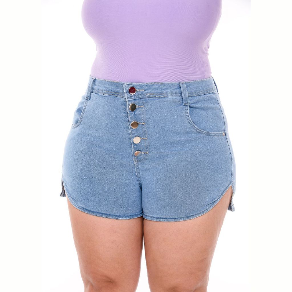 Short Claro Plus Size Feminino de Bolso Forro Azul 100% Detalhada Com 4 Botão Destroyer