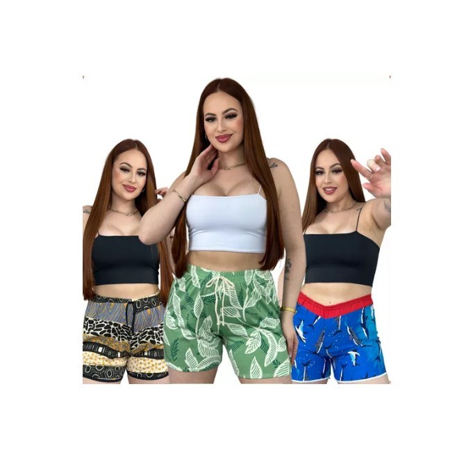 Kit 3 Shorts Feminina Praia Viscose Estampa Floral Tactel