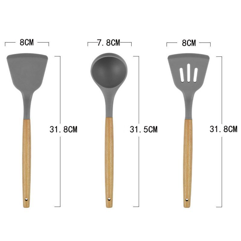 1 KIT Cinzento 12 Peças Utensílios Para Cozinha em Silicone e Bambu