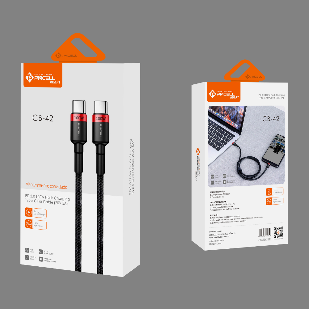 Cabo Tipo C USB C para Tipo C Original Cabo Reforçado Barato 100W Turbo Process Pmcell Full