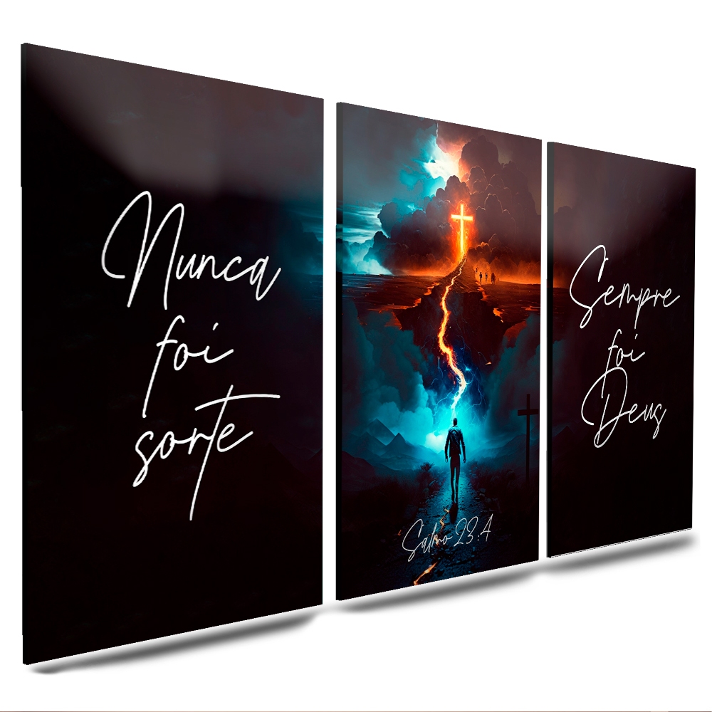 Quadro Decorativo 3 Peças Salmo 23 Vale Sombra  Quarto Sala Escritório