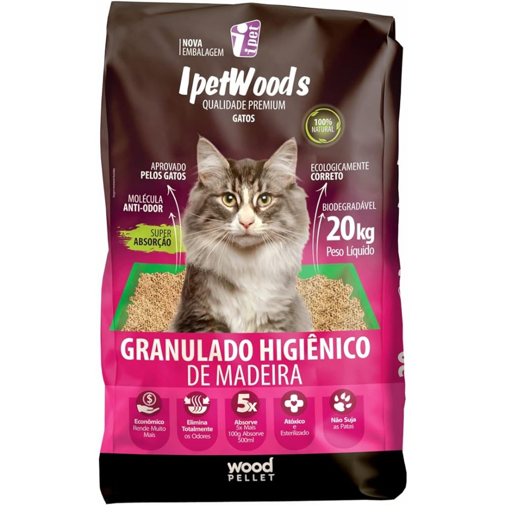 Granulado Sanitário De Madeira Ipet Woods Para Gatos 20 kg