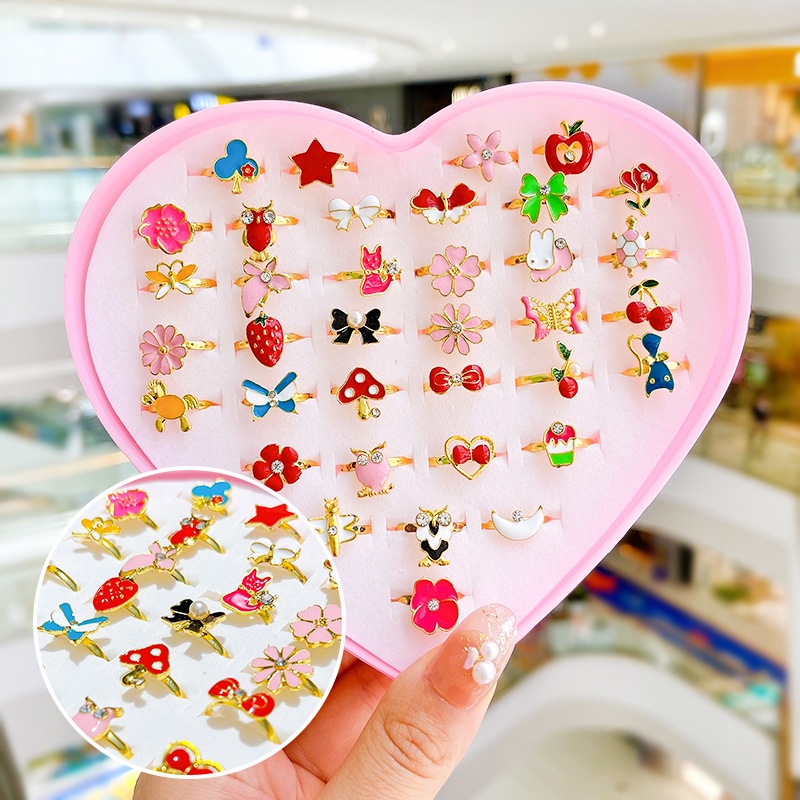 Caixa de 36 Anéis De Liga Ajustável Sortidos Bebê Menina Moda