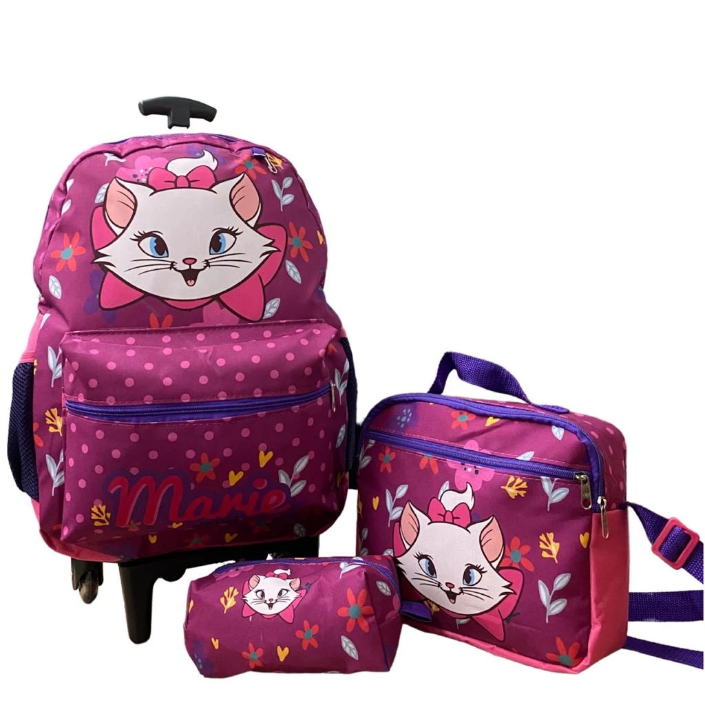 Kit Mochila Escolar Gatinha Marie Com Rodinhas+ Toalhinha