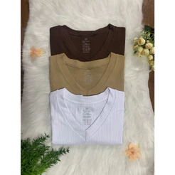 Kit 3 Blusinhas Canelada Gola V Feminina Manga Curta Blusas Verão Casual P ao G1 Smara Modas