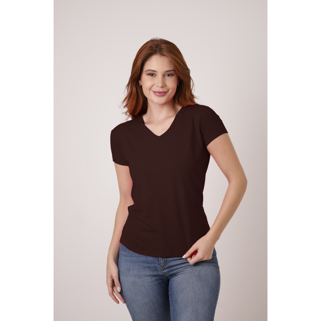 Smara Modas Blusa Blusinha Feminina T Shirt Moda Baby Look Canelada Com Manga Curta Gola V Verão