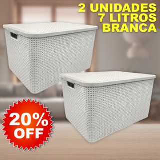 Kit 2 Caixa / Cesta Organizadora Pequena 7 Litros Empilhavel Rattan BRANCA Com Tampa - Cesto Organizador 7L em Oferta na Shopee