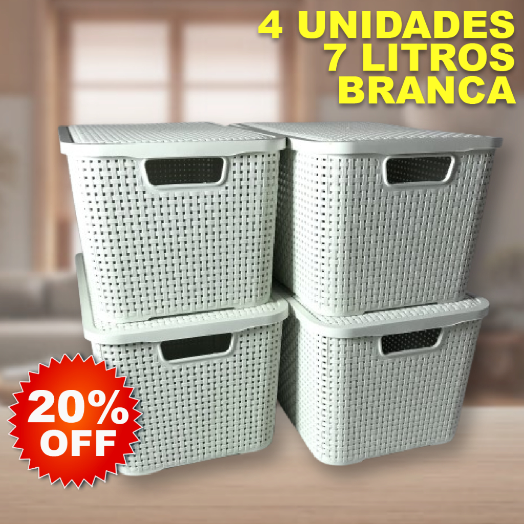 Kit 4 Caixa / Cesta Organizadora Pequena 7 Litros Empilhavel Rattan BRANCA Com Tampa – Cesto Organizador 7L