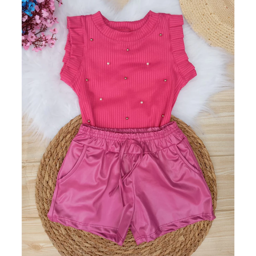 conjunto infantil menina blusa e shorts cirrê couro COLORIDO conjunto blogueirinha infantil feminino — imagem 1