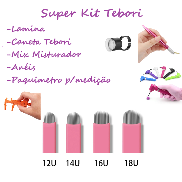 Super Kit Lâmina U Tebori Nano 0,18 (10 Unidades) + Caneta + Mix Misturador + Paquimetro 80mm + Anéis
