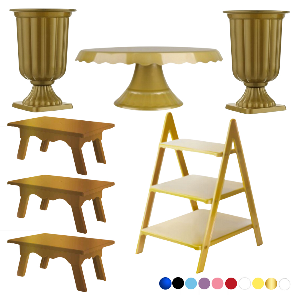 Kit Decoração Boleira + Escadinha + Vaso Flores + Mesinha Para Lembrancinha Bolo Doces Festa Luxo