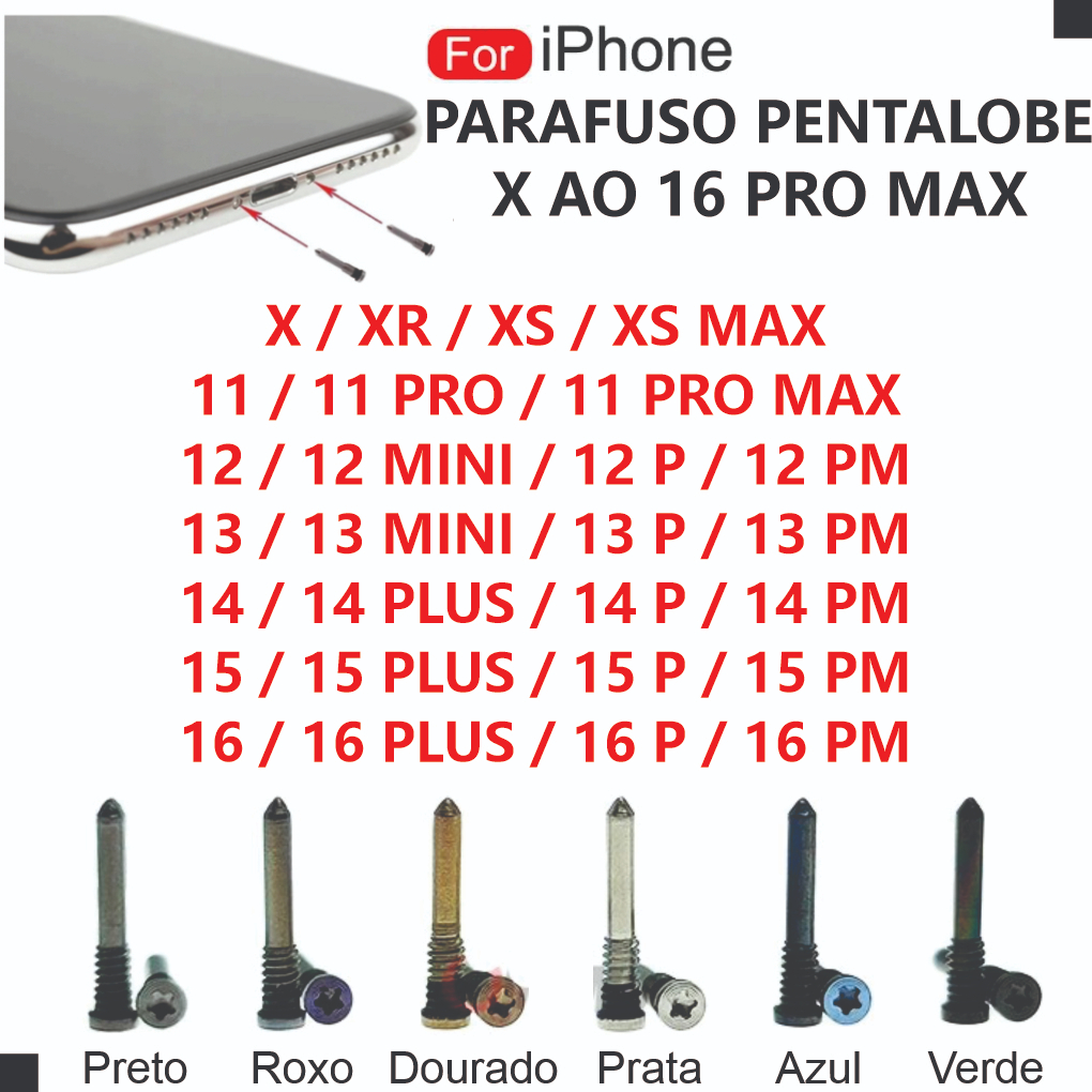 Kit 6 Parafuso Pentalobe iPhone X XS Max XR 11 12 13 14 15 16 Pro Max PLUS em Oferta na Shopee