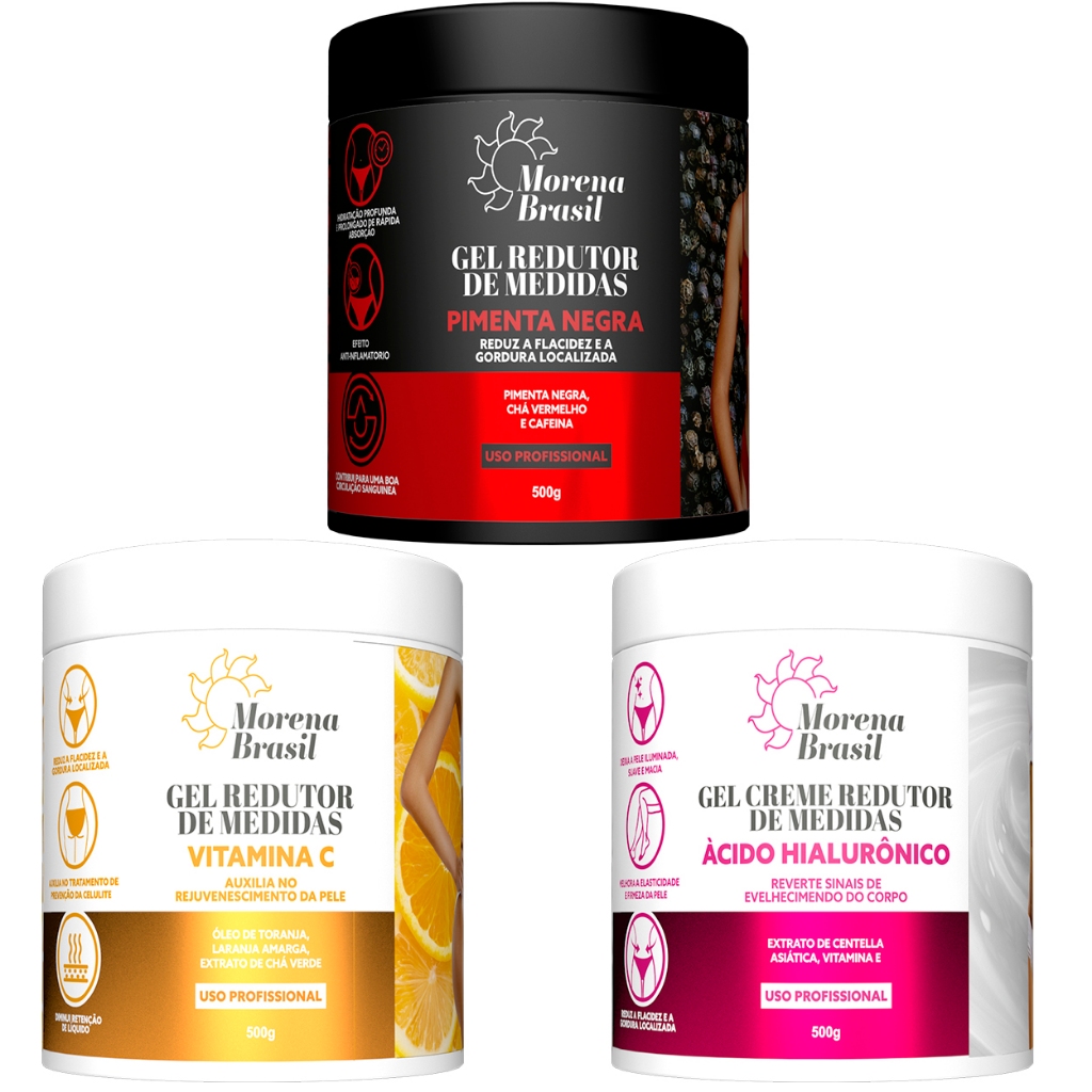 Kit 3X Gel Redutor de Medidas - Pimenta Negra, Laranja Amarga e Ácido Hialurônico