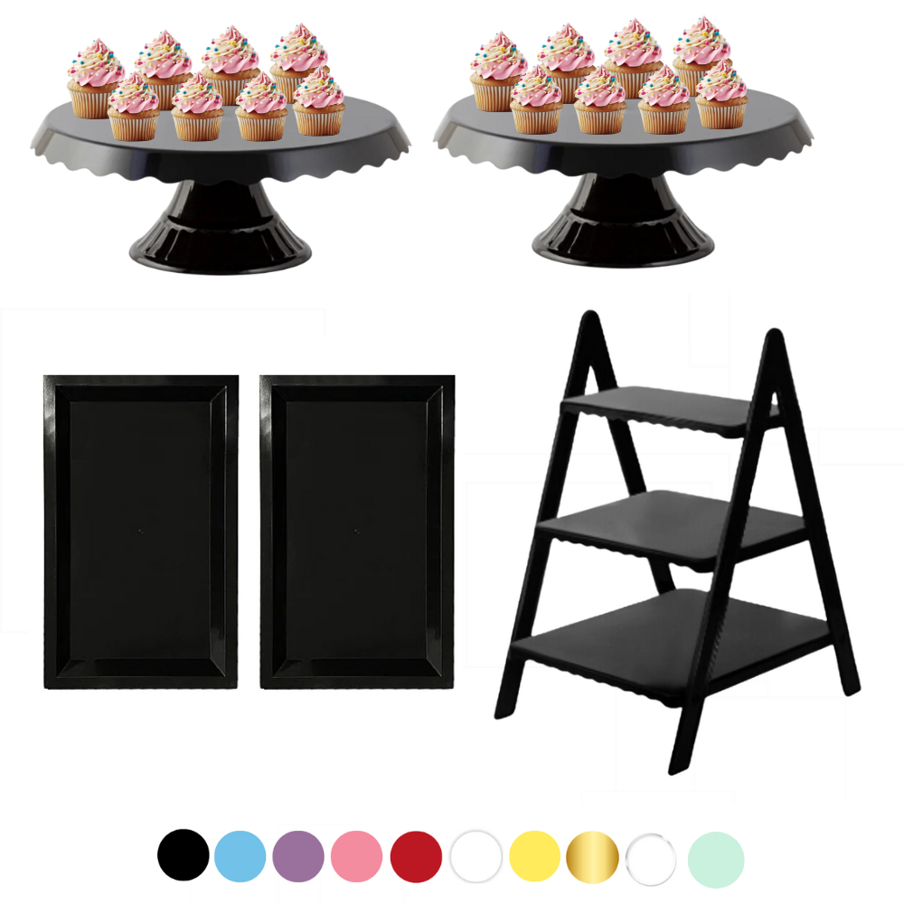 Kit Decoração Escadinha + Boleira Slim + Bandeja Retangular Suporte Doces Festa Decorativo Para Mesa