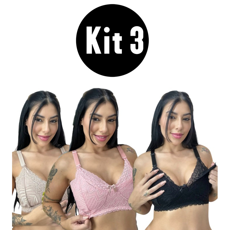 kit 3 Sutiã de Amamentação em Renda Gestante Maternidade