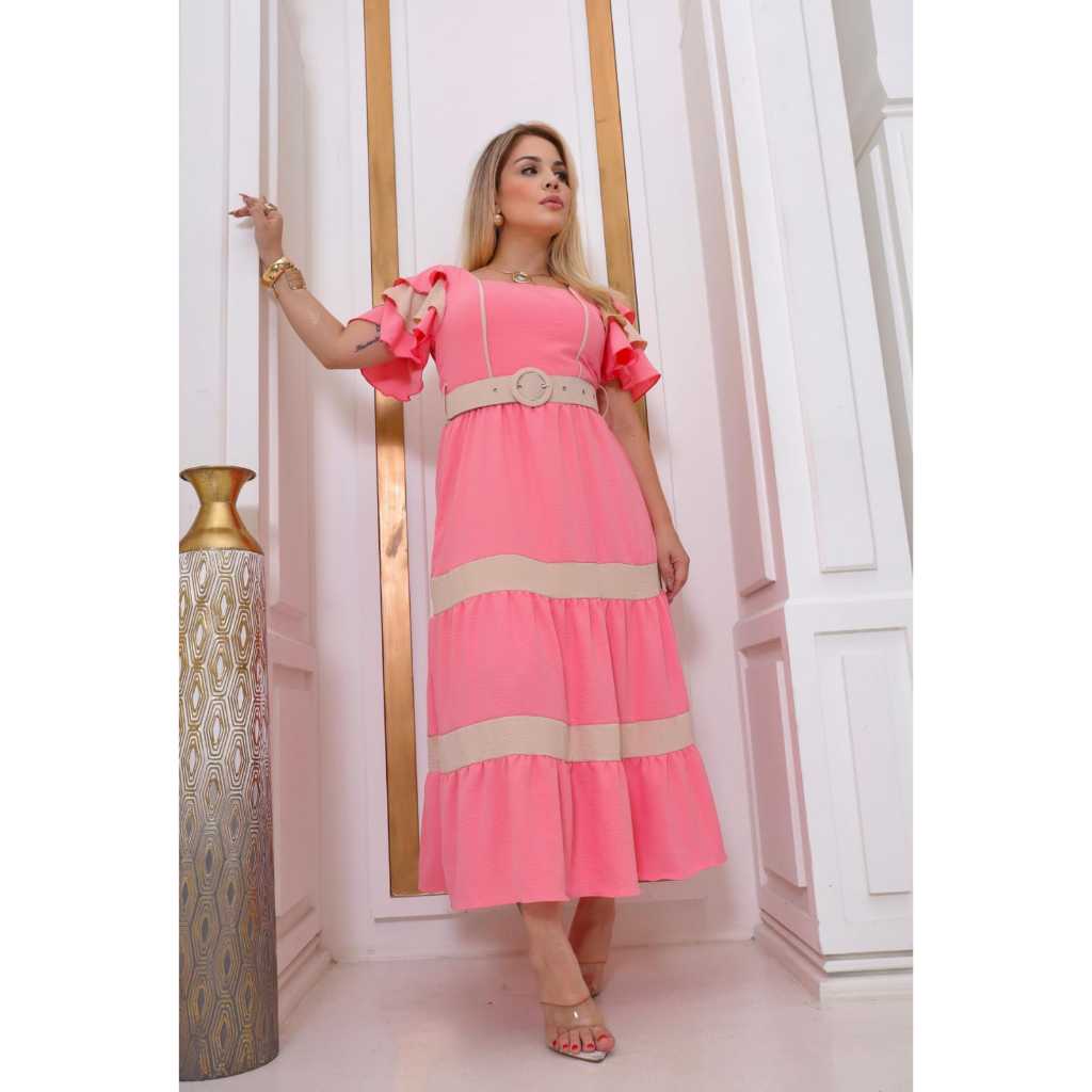 Vestido Elegante Longo 3 Marias Listrado Com Cinto y Forro Feito em Tecido Duna Leve e Soltinho Evangélico Clássico