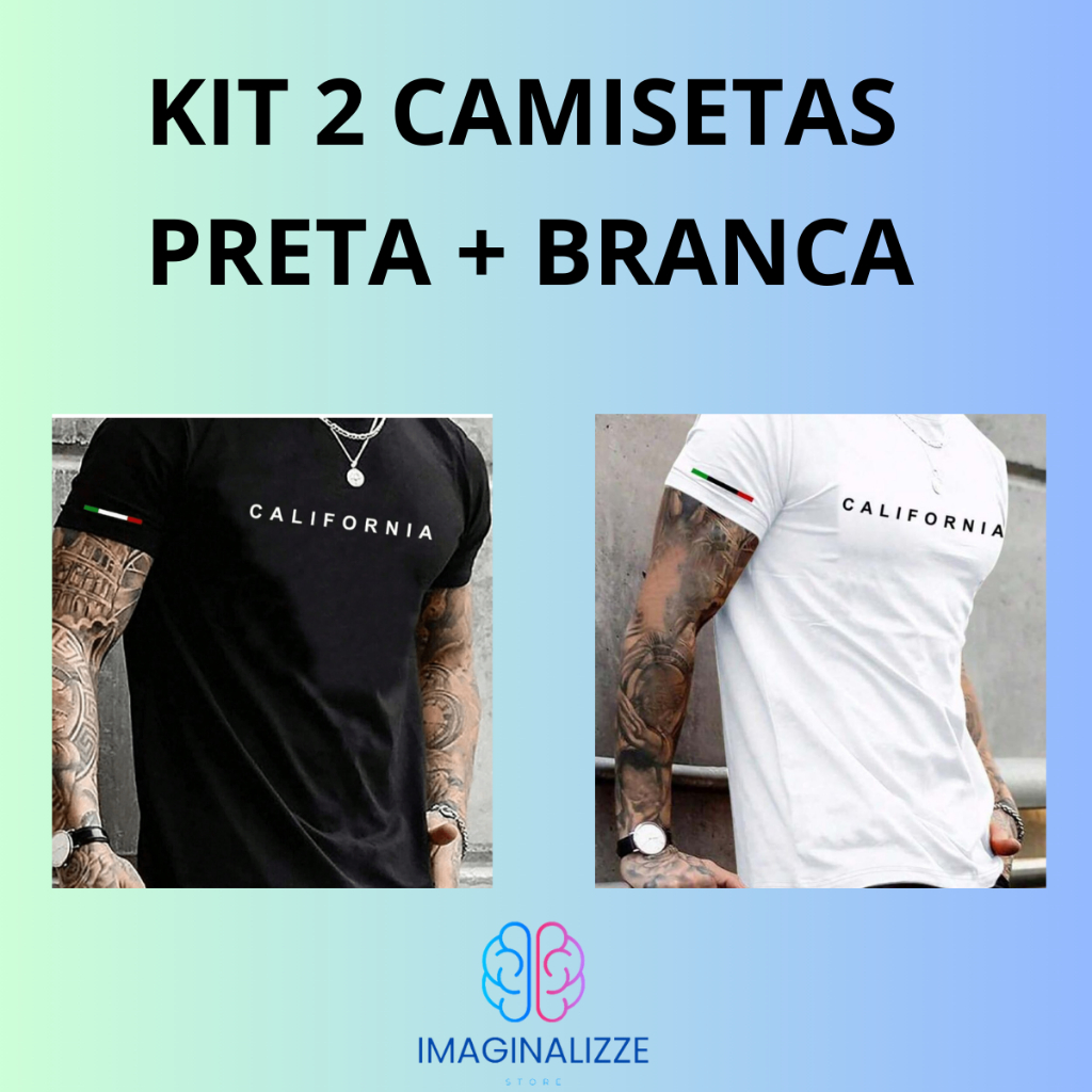 Kit 2 Camisetas Camiseta Califórnia De Manga Curta Gola Redonda Estampada 100% Algodão Reforço Ombro a Ombro