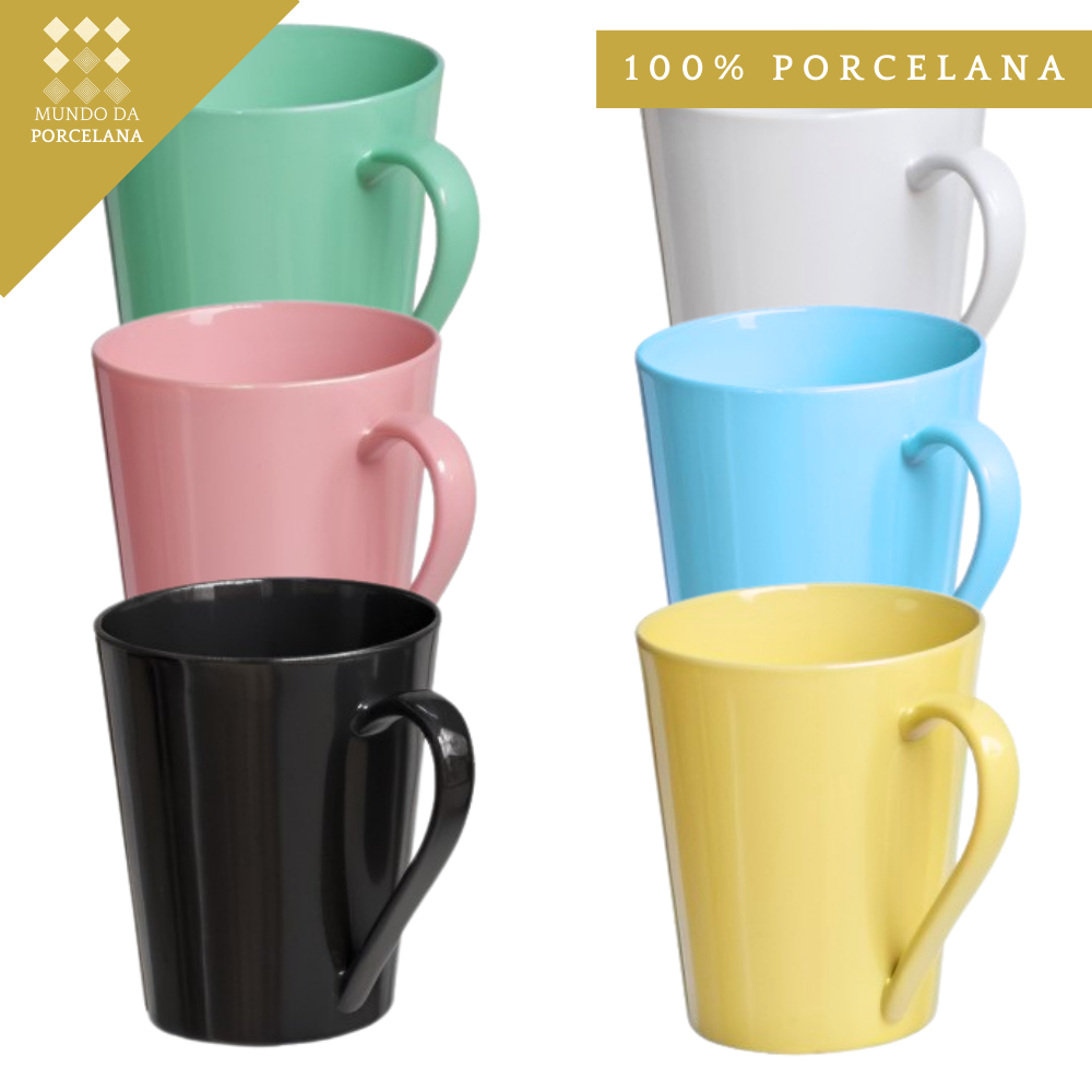 Jogo Caneca Tulipa Lisa Café Chá Leite Porcelana 250ml Colorida Mundo da Porcelana