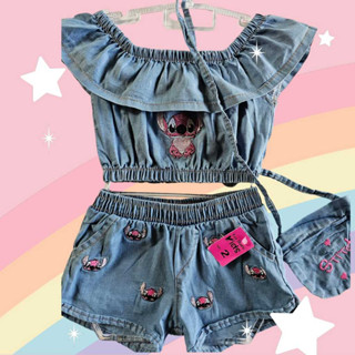 Conjunto Jeans cropped ciganinha Short e Bolsinha Jeans, Tia Dani KIds personagem bordado em Oferta na Shopee