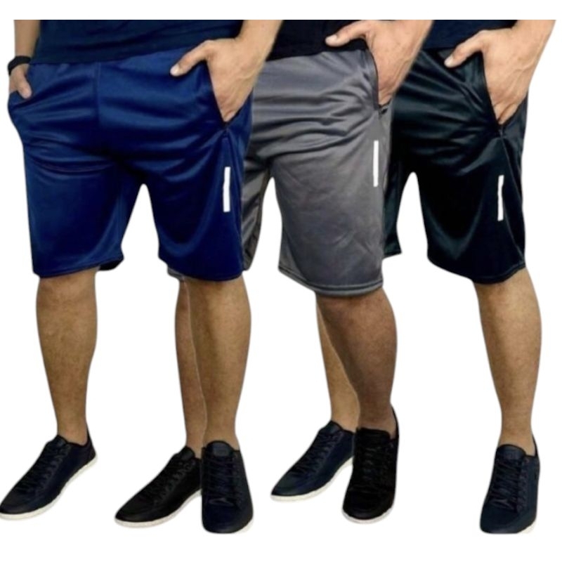 Kit 3 bermudas adulto ziper refletivas esporte DRYFIT casual