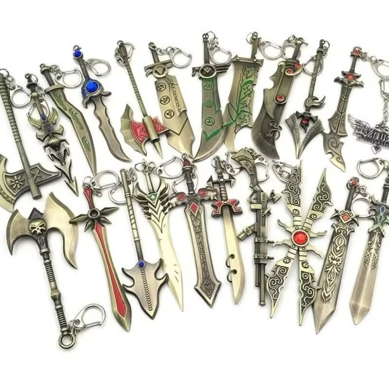 1 KIT/4 Pecas Chaveiros Formatos Espadas Machados de Jogos de Video Game e PC League of Legend world warcraft