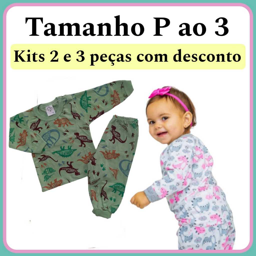 Pijama bebê manga longa malha 100% algodão menino e menina