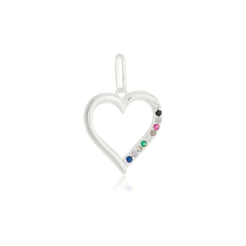Pingente Prata Coração Pedras Coloridas Prata 925 - Joia Elegante em Prata 925 - Acessório com Pedras Coloridas