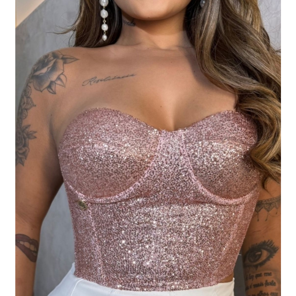 Cropped Feminino Corselet Tomara-que-Caia com Brilho Glamour em Oferta na Shopee