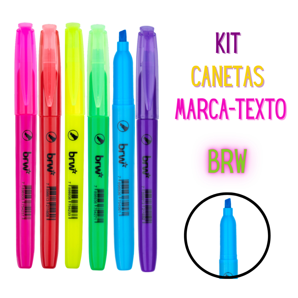 6 Canetas Marca  Texto Fluorescente BRW - 6 Cores em Oferta na Shopee